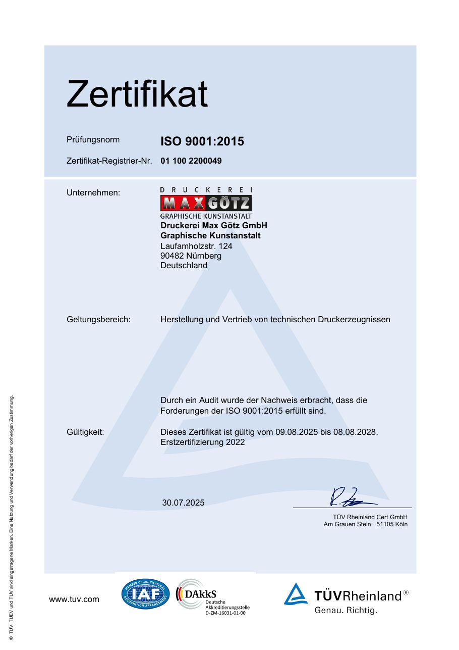 ISO-9001:2015-Zertifikat der Druckerei Max Götz GmbH, TÜV Rheinland, gültig bis 08.08.2028